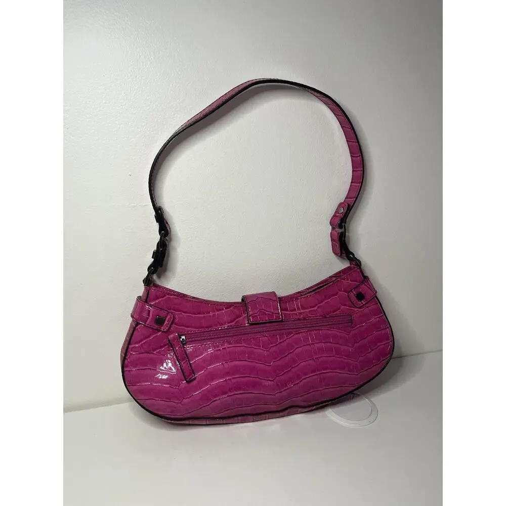 🎀Vintage GUESS Y2K Hot Pink Purse Crocodile Shoulder Mini Bag Buckle Baguette